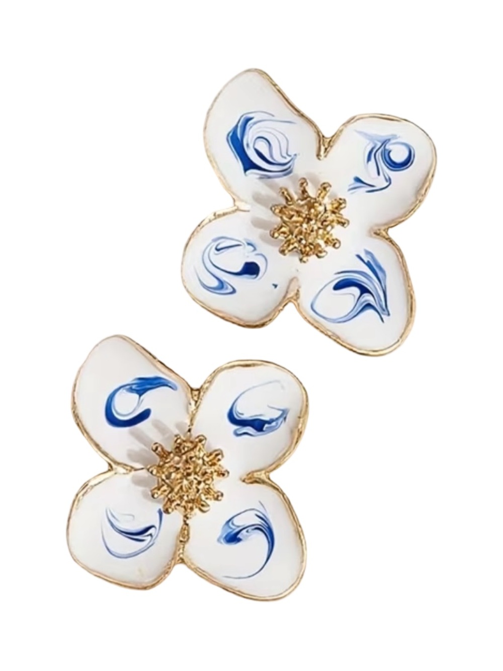 White & Blue Floral Enamel Flower Stud Earrings